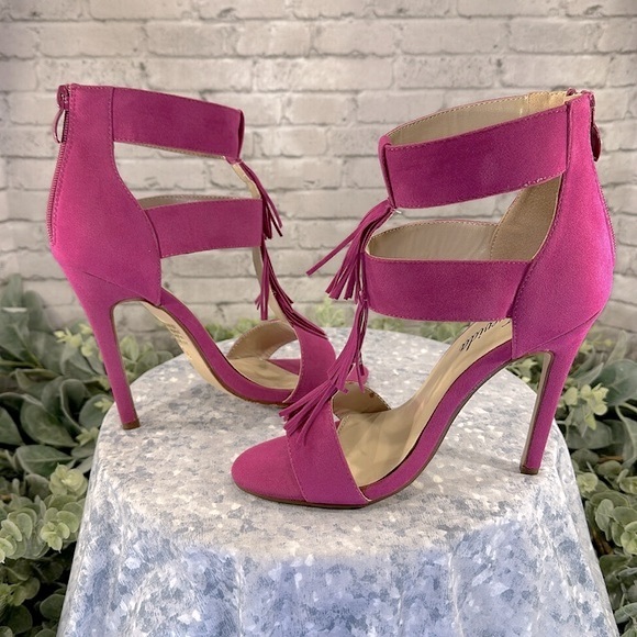 Atrevida Fuchsia 3-Band Open Toe Cut-Out Deco Fringe Stilettos WMS 7M💖NWOT - Picture 4 of 11
